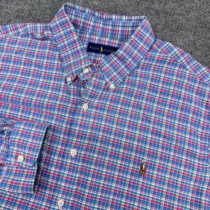 Ralph Lauren Shirt Mens 2XL Blue Pink Check Flesh Pony Logo Long Sleeve Button